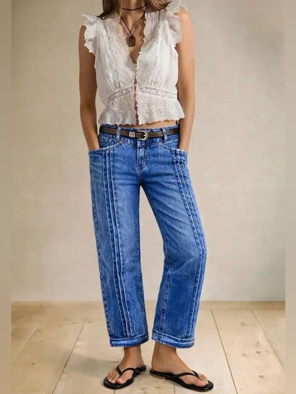 Flamingals Wash Pleated High Rise Straight Leg Jeans